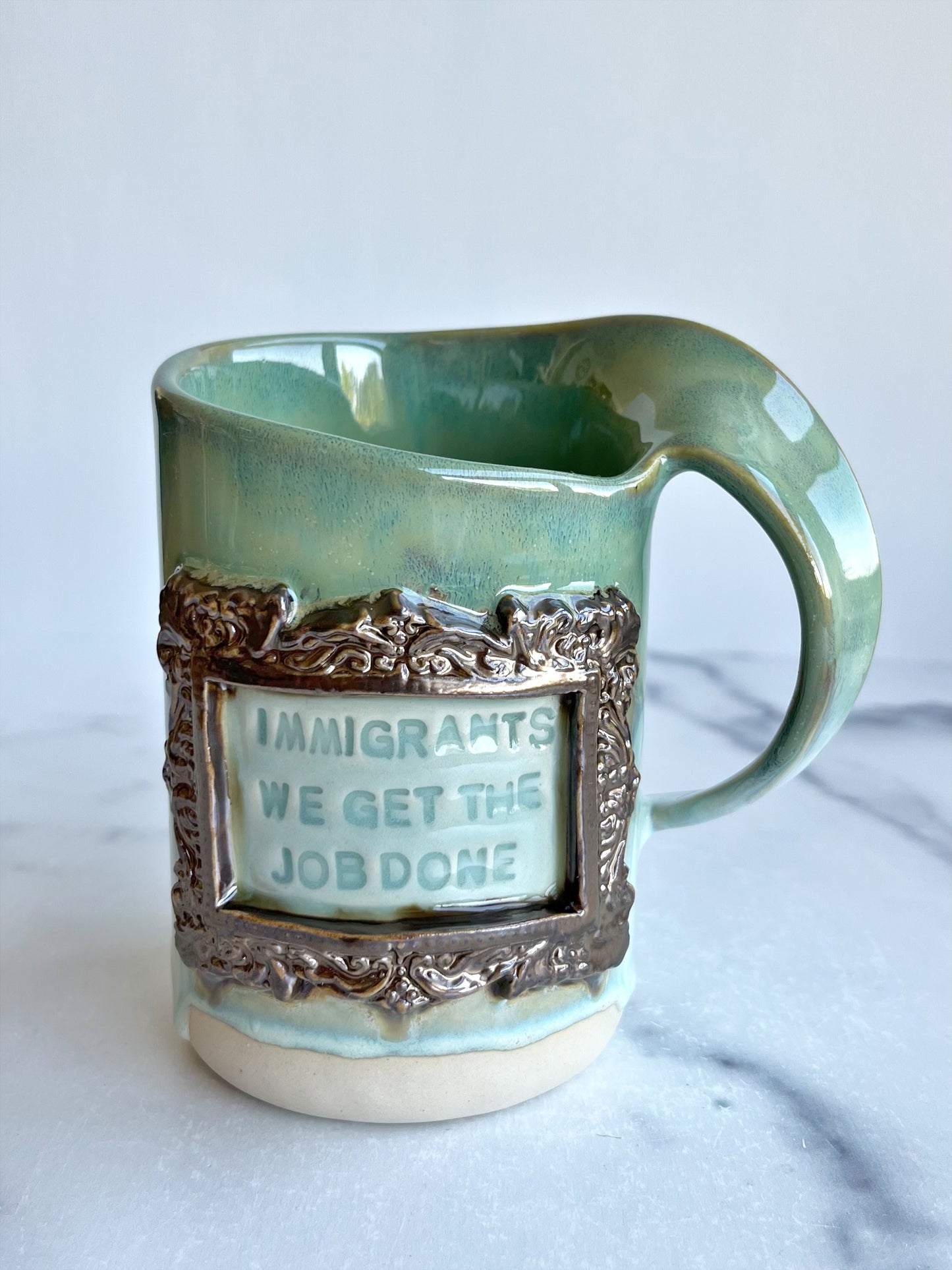 Immigrants, We Get The Job Done Spiral Mug.